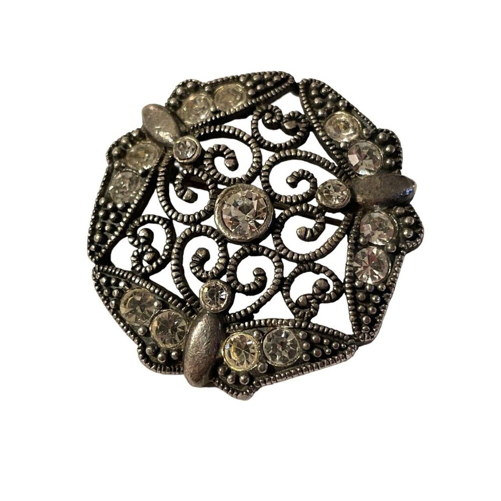 VTG 1928 Rhinestone Silver Tone Filigree Brooch Pin Open Work Art Deco Style - Picture 7 of 8